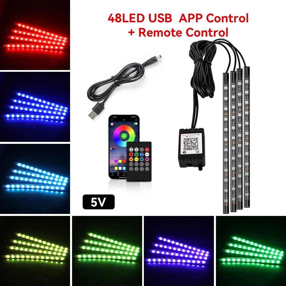 Neon 48 72 LED auto-interieur omgevingsvoetlicht met USB draadloze afstandsbediening muziek app-bediening auto RGB sfeer decoratieve lampen
