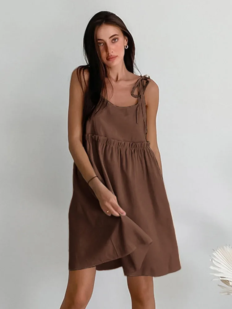 

Brown Cotton Linen Nightdress For Women 2024 New Solid Color Sleeveless Suspender Pajama Simple Casual Female Home Nightgown