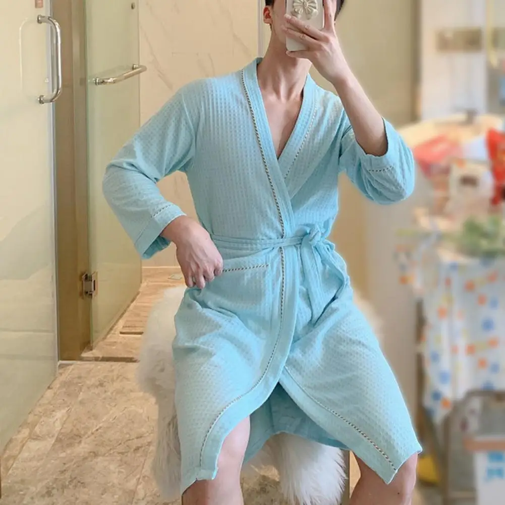 Men Nightgown Solid Color Long Sleeve V Neck Homewear Bathrobe Spring Autumn Pure Color Pockets Robe for Home