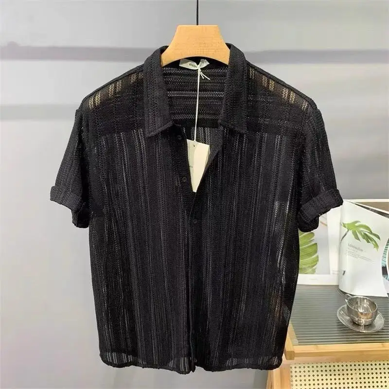 New High-end Hollow Lapel Short-sleeved Men's Shirt Summer Thin Loose Shirt Men's Casual Top Temperament Fashion Individuality
