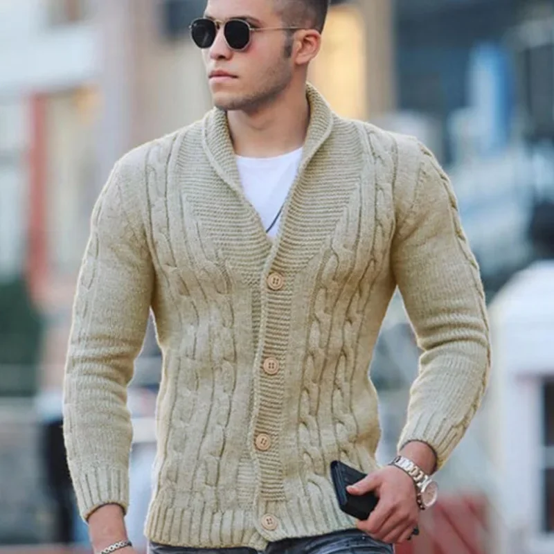 

Autumn New Men's Jacket Fashion Large Size Lapel Coat Solid Color V-neck Button Slim Sweater Coat Male Cardigan Tops