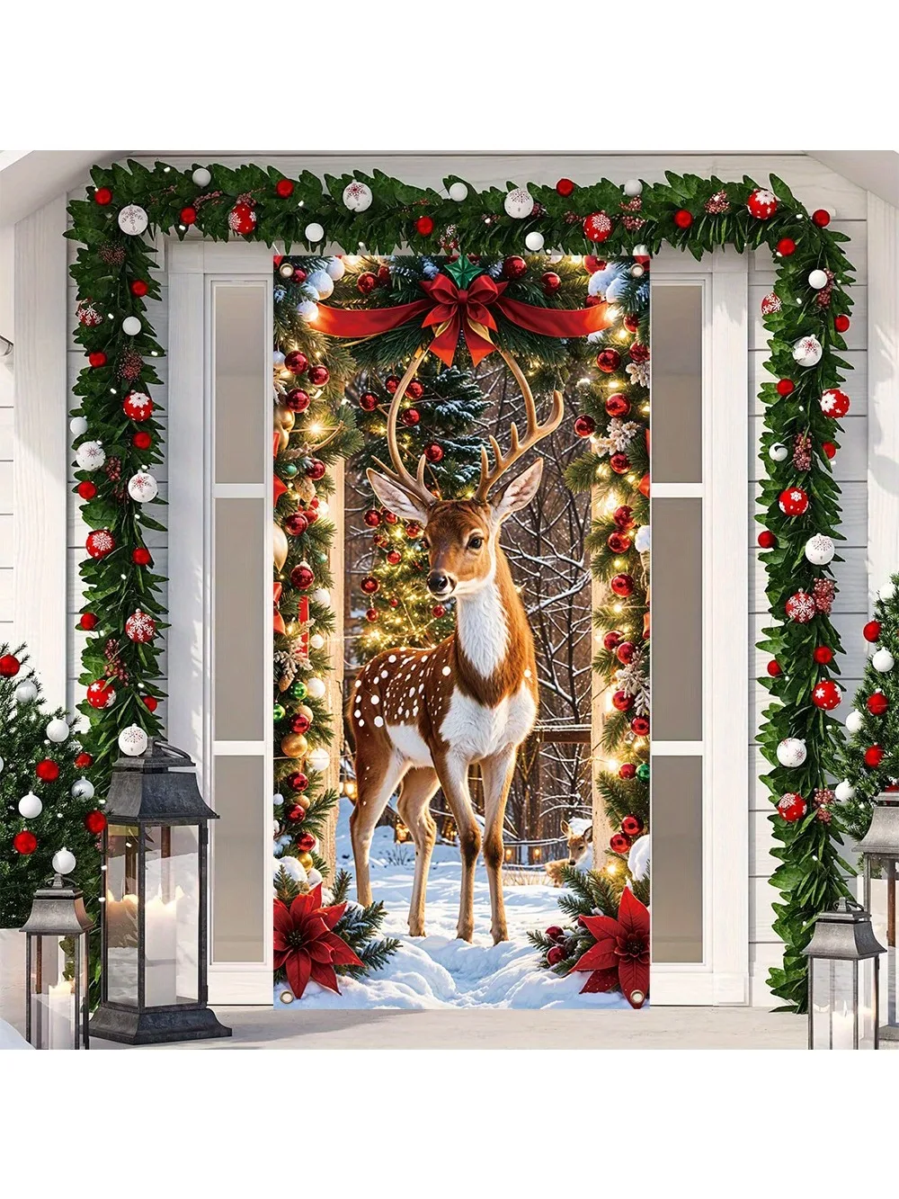 Merry Christmas Porch Banner-Winter snow with Sika deer pattern, indoor and outdoor holiday decorations, suitable for front door