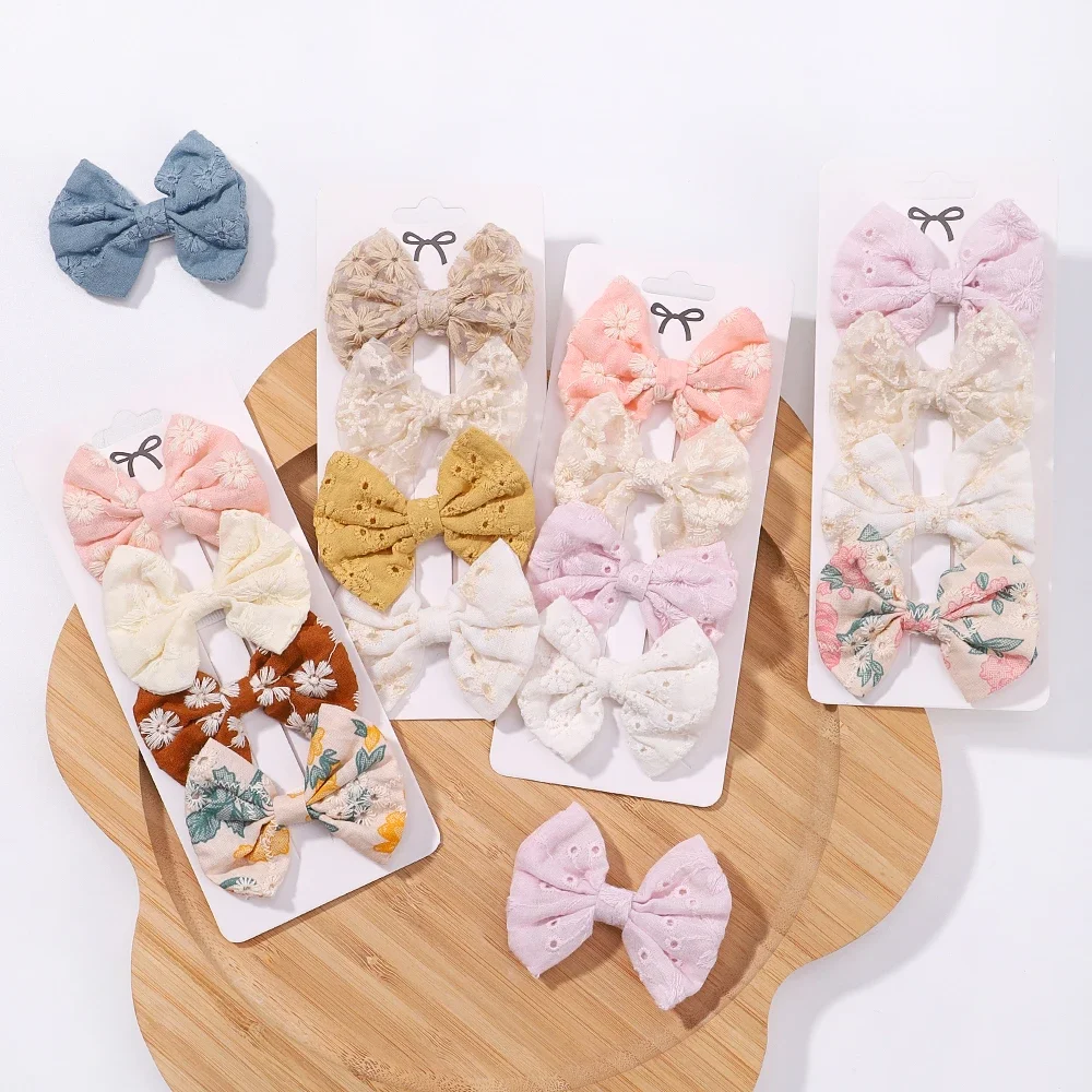 4Pcs/Set Lovely Cotton Bowknot Clips Safe Hairpins Girl Fresh Pastoral Hairclips Baby Hair Accessories Kids Print Hairgripe Gift