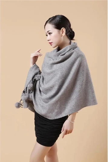Women's Winter Cashmere Wool Pashmina Scarf Muffler with Real Rabbit Fur Pompom Tassel - Warm Autumn Winter Shawl