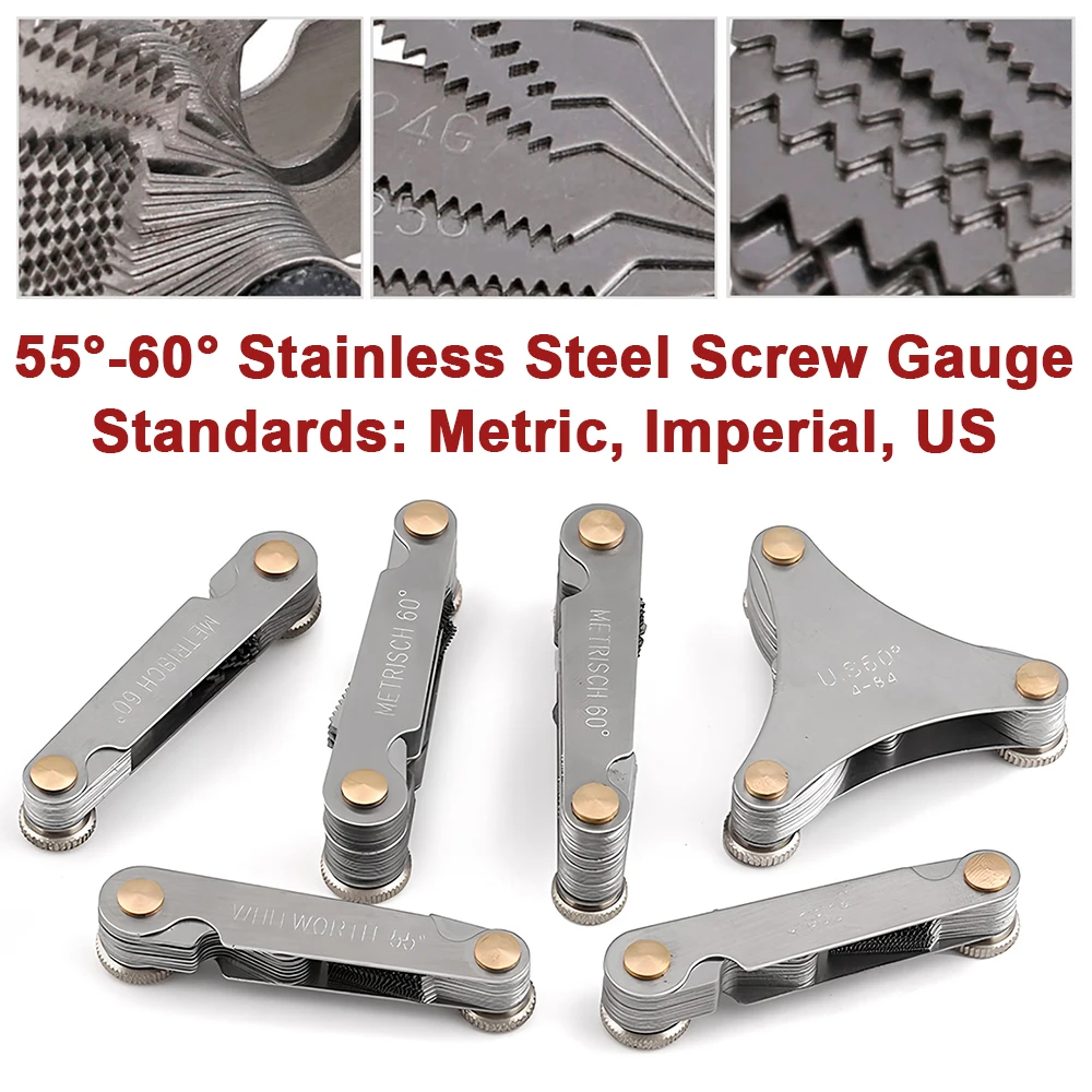 

55-60 Degree Stainless Steel Screw Gauge Metric Inch US Thread Plug Gauge Gear Tooth Thread Pitch Folding Measuring Tool