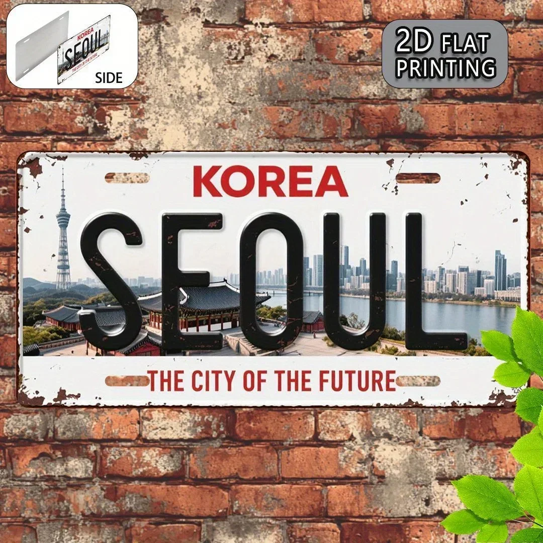 2D Flat,1pc, Seoul Retro Aluminum Aluminum License Plate Sign, Decorative Sign(12X 6inch), for Decoration Only, Travel Souven