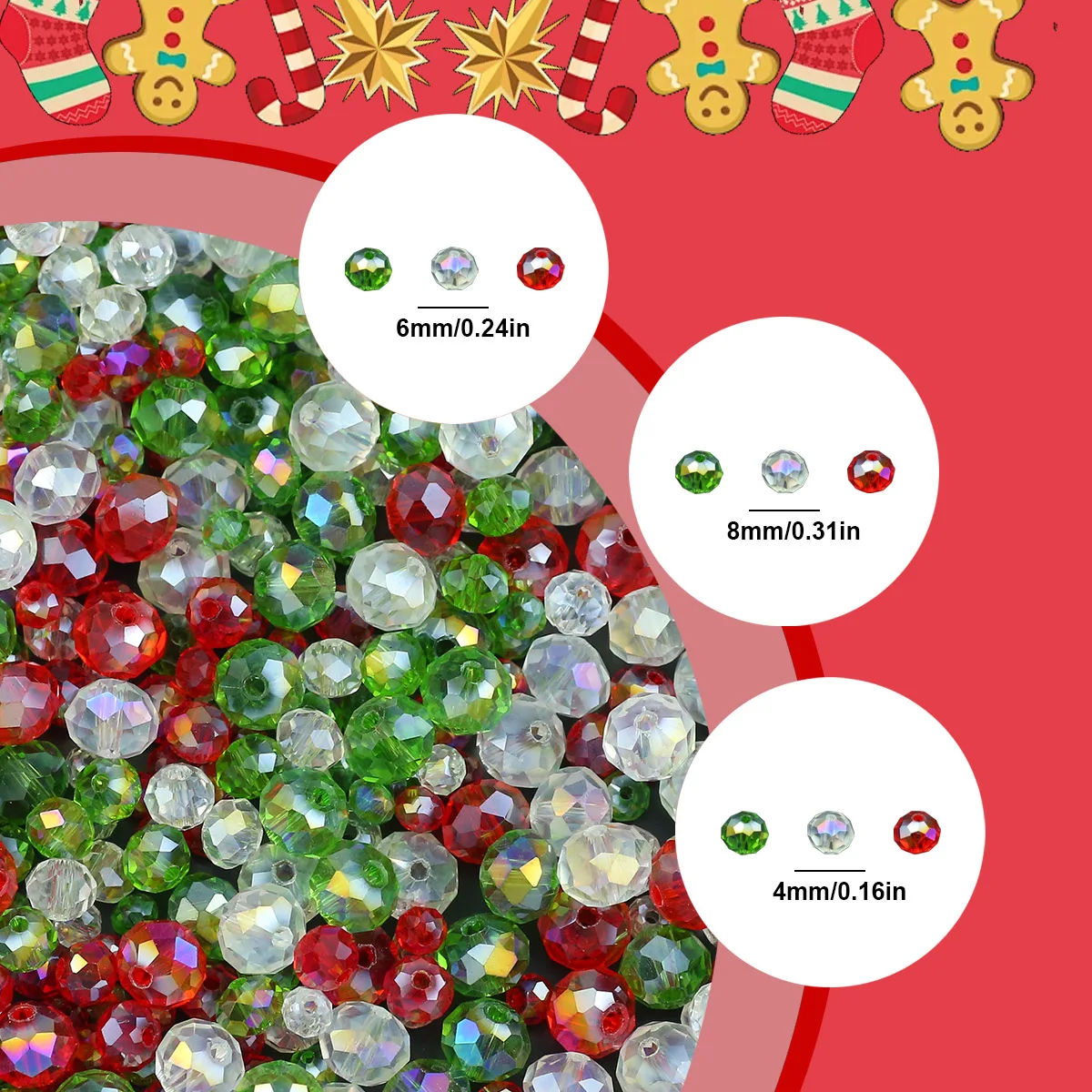 Christmas Theme Mixed Color AB Transparent Glass Beads Faceted Spacer Beads 4/6/8mm For Jewelry Making DIY Bracelets Necklaces