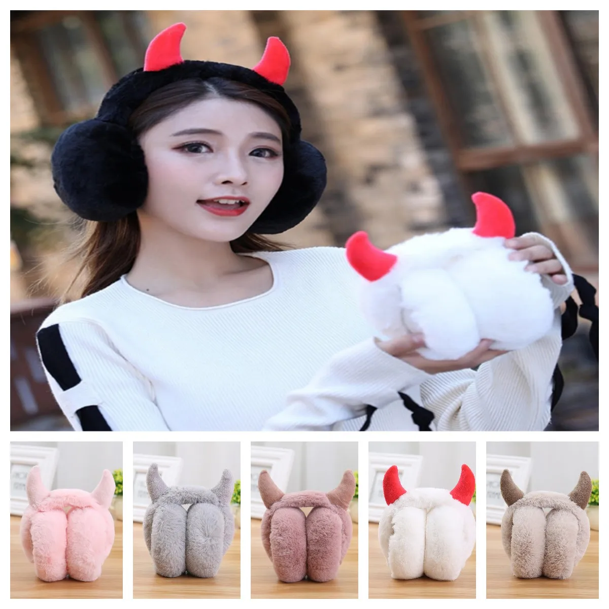 

Women Soft Plush Earmuff with Devil's Horns Girls Cute Winter Adjustable Ear Muffs Foldable Outdoor Cycling Ski Warmers Earflaps