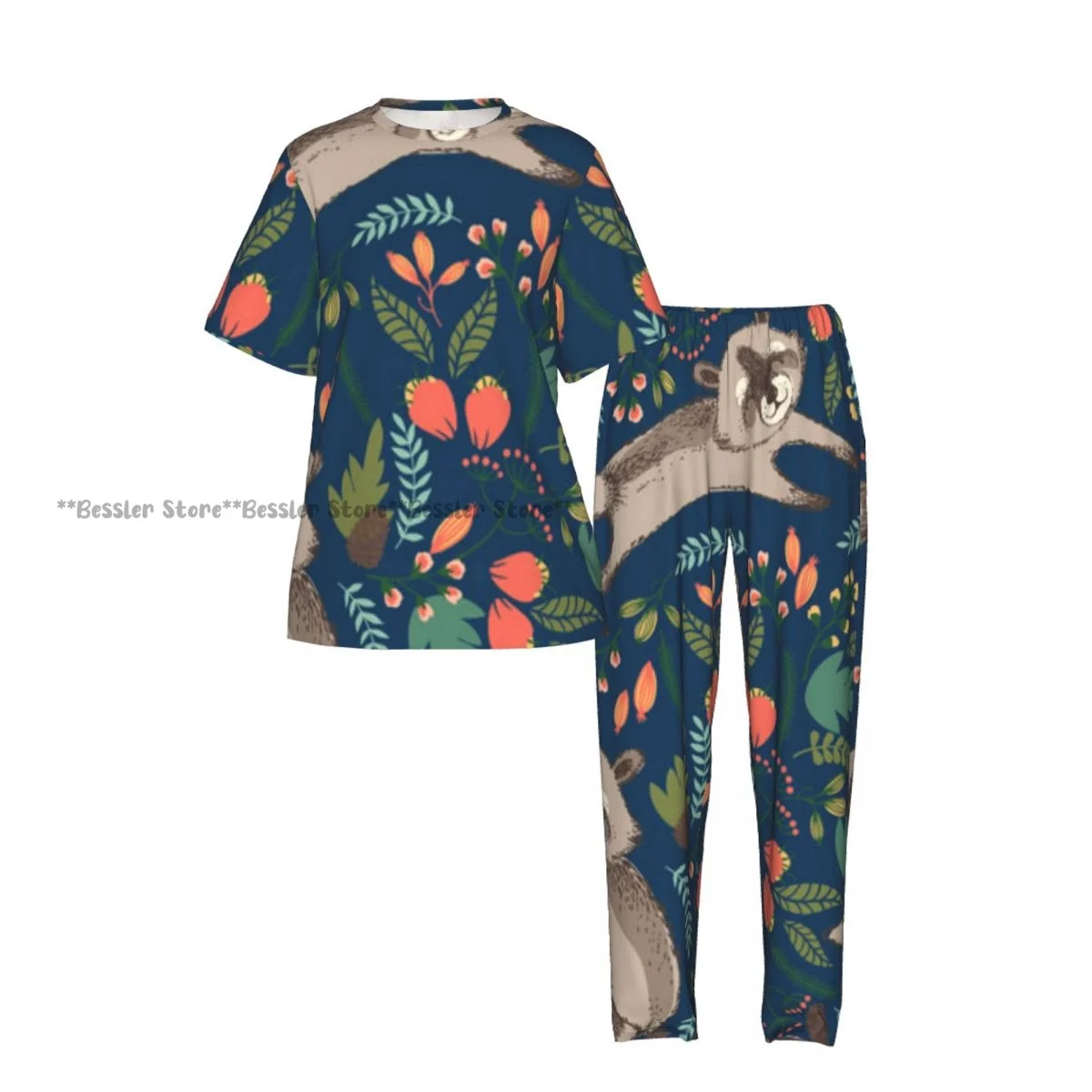 Women's Comfort Pajamas Women's Tropical Cute Raccoon Short Sleeve Set Sleepwear