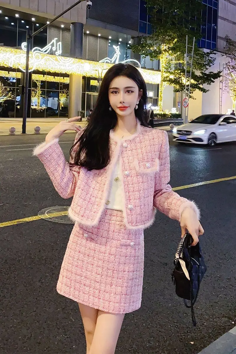 Winter Korean Fashion Women's Two Pieces Set Pink French Elegant Retro Office Lady Slimming Tweed Suit Set Blazer and Skirt Set - Image 6