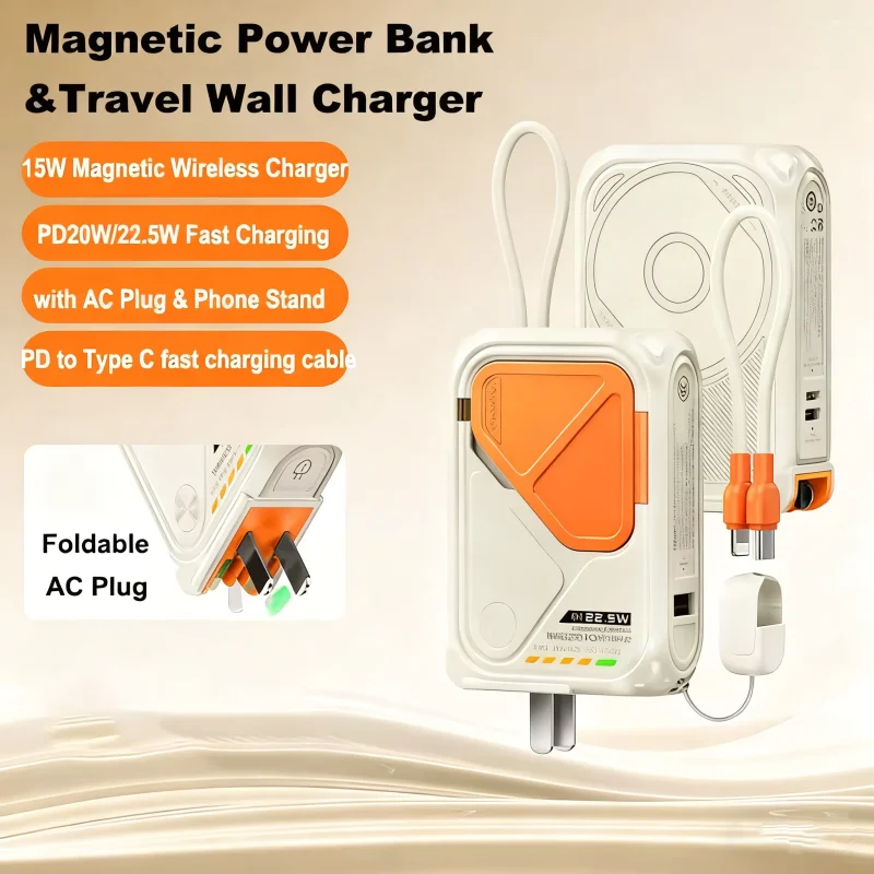 

20000mAh Wall Charger Power Bank 22.5W Fast Charging for iPhone Huawei Xiaomi 15W Magnetic Wireless Powerbank with AC Plug Cable