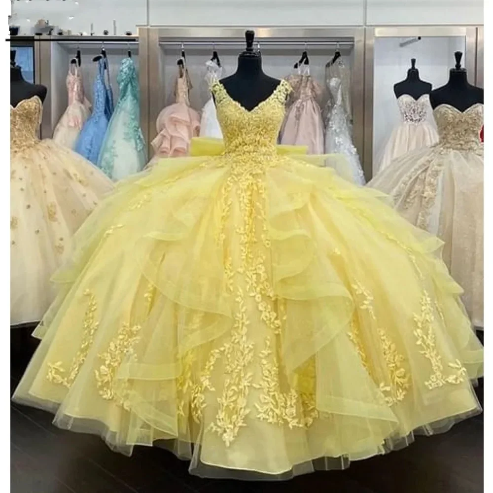 Vestido de cristal quinceanera amarelo para meninas, vestidos de baile brilhantes, apliques requintados, doce 16 vestido, 15