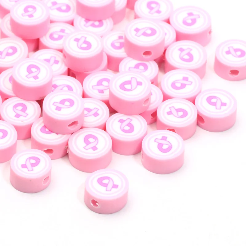 20/50pcs 9mm Pink Ribbon Pattern Polymer Clay Beads Spacer Beads for Jewelry Making DIY Handmade Bracelet Necklace Accessories