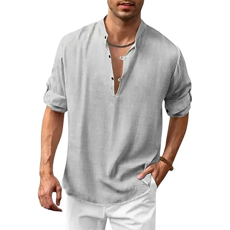 Men V Neck Button Splicing Pullover Shirt Simple Style Solid Color Cotton Linen Blouse Male Beach Casual Long Sleeves Loose Tops