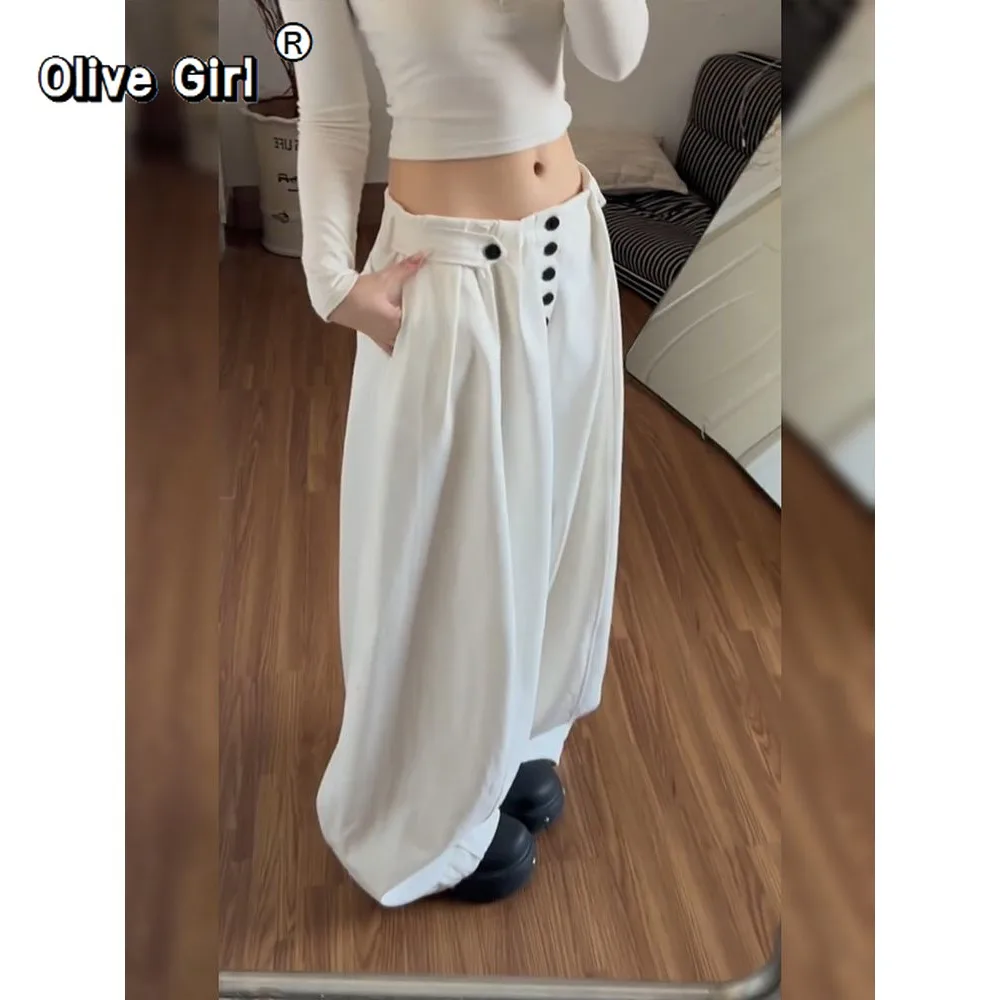 بنطلون Olivegirl الأمريكي من القطن مقاس كبير فضفاض وكسول واسع الساق بنطلون Hotsweet Girl المتخصص متعدد الاستخدامات مطوي على الأرض