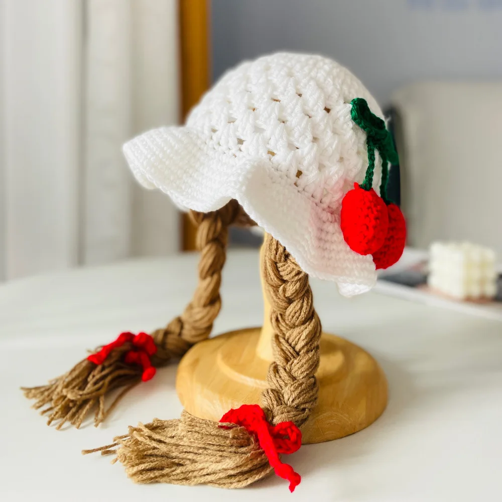 Cute Cherry Baby Girl Bucket Hat Pigtail Braid Wig Toddler Cap Winter Infant Crochet Knitted Children Hats and Caps for Girls