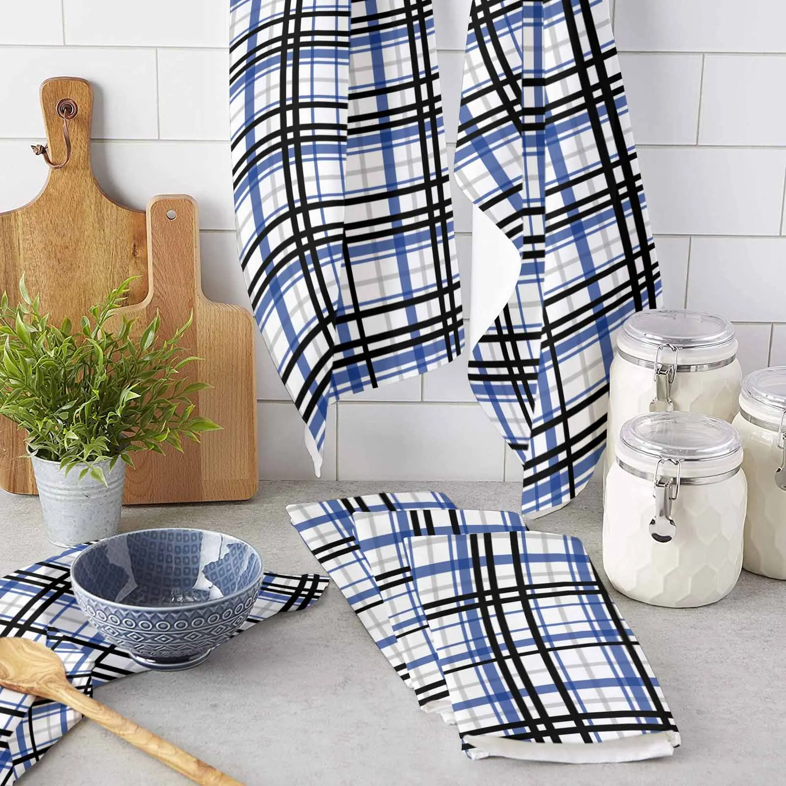 Black Blue Gray Striped Grid  Microfiber Towel Absorbent Kitchen Cleaning Cloth Dish Towel Household Cleaning Towel