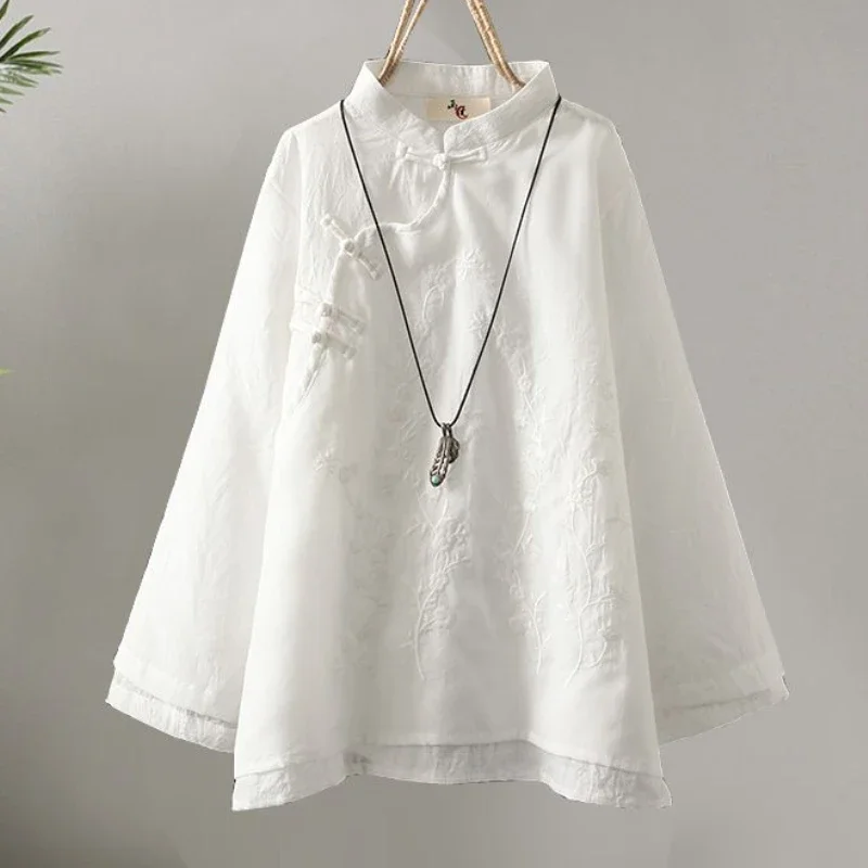 Chinese Style Embroidery Shirts Women Vintage Button Elegant for Ladies Tops Loose Fake Two Piece Aesthetic Minority Clothing