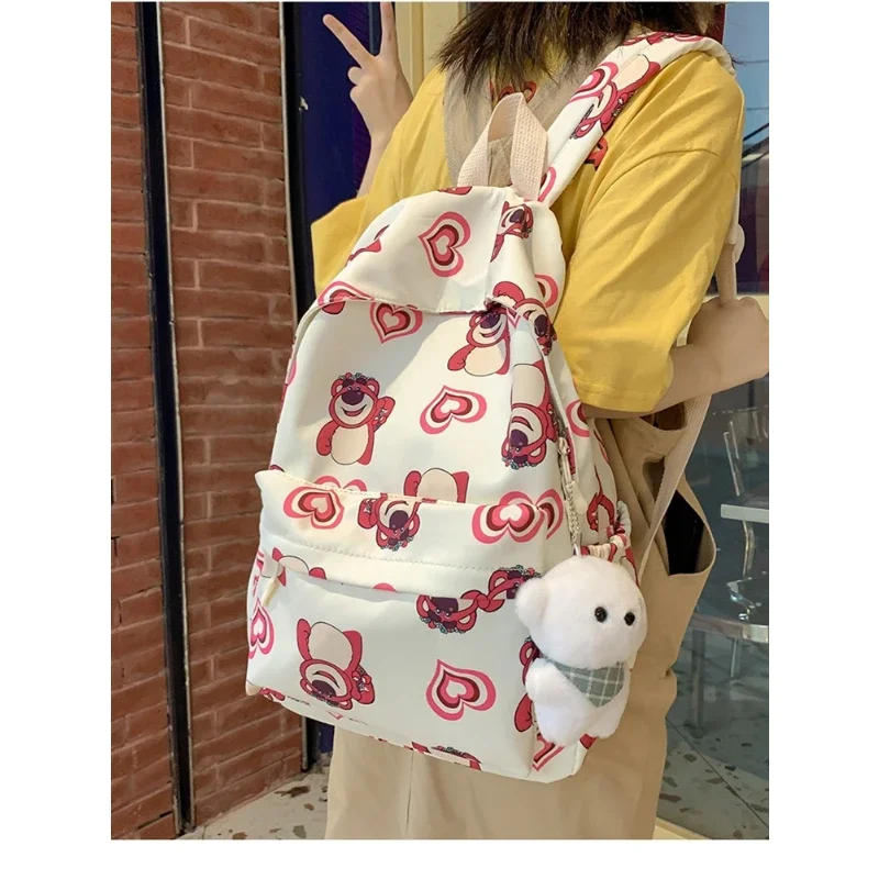 Sanrio morango urso estudante schoolbag, bonito dos desenhos animados, leve, impermeável, grande capacidade mochila, novo