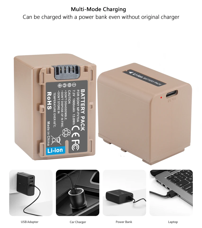 牡丹シリーズ用交換用バッテリー,1900mah,NP-FV70A, NP-FV50, NP-FV50A
