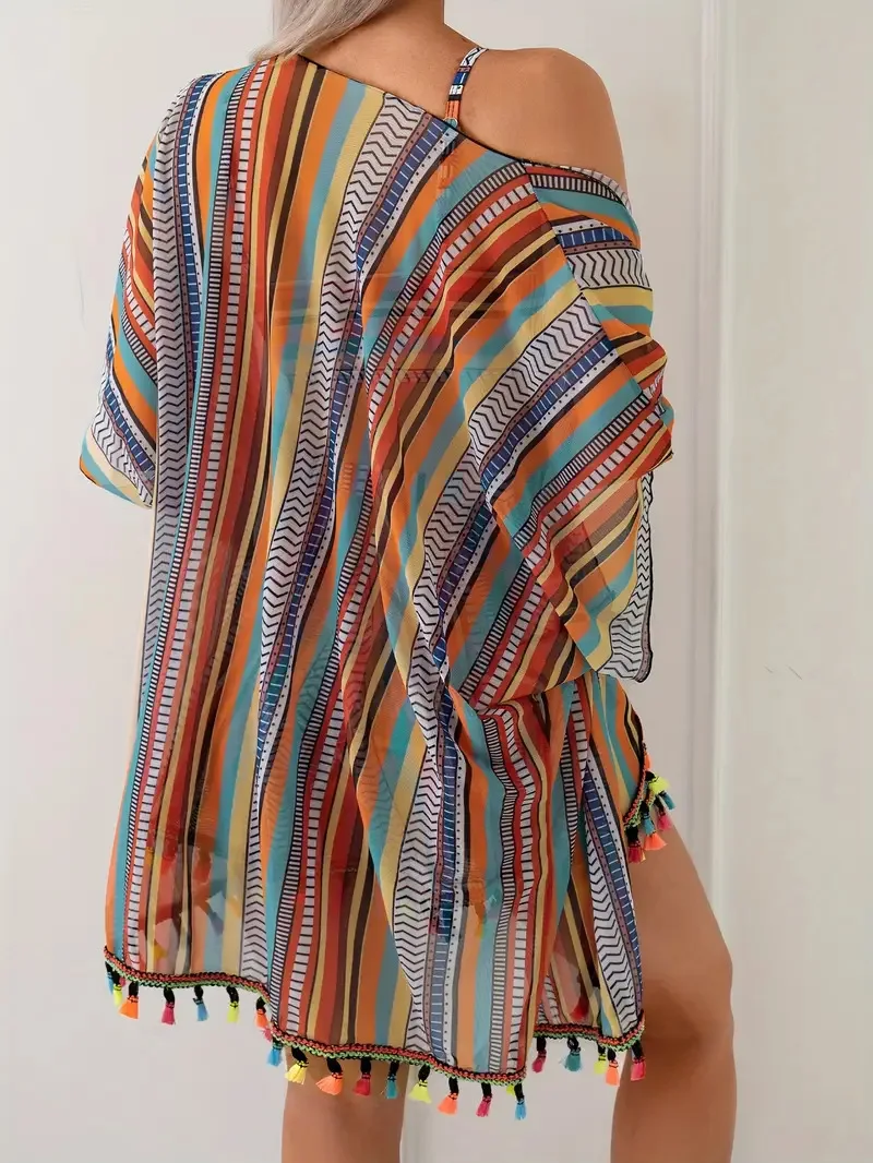 Striped 4 Piece Bikini Swimsuit Set Women Spaghetti Strap Bikini Top Bottom Tassel Shorts Kimono Cover Up Beach Bathing Suit