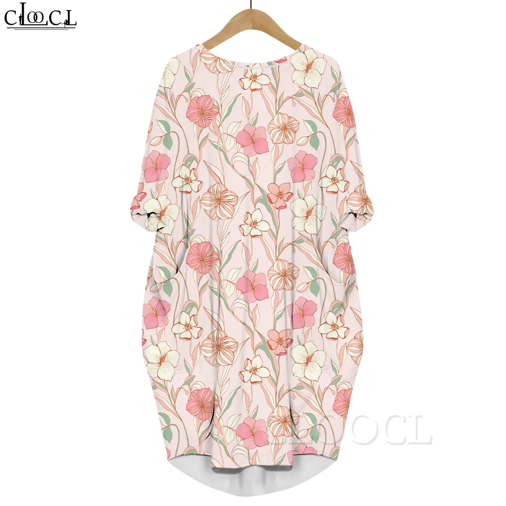 

CLOOCL Women Dress Retro Floral 3D Graphics Printed Loose Daughter Dresses Long Sleeve Fashion Gown Pocket Dress Pink Dress