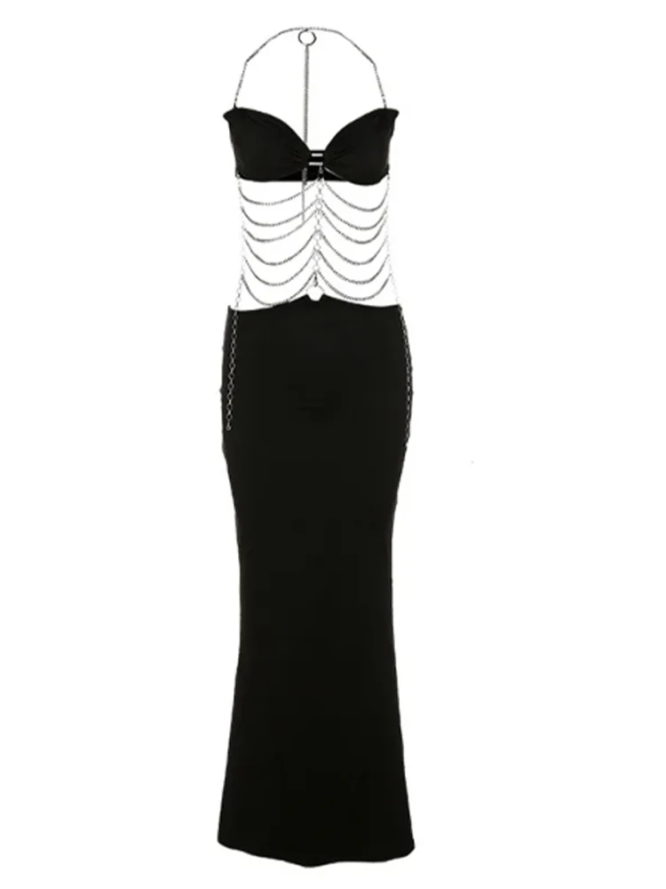 

2025 Women Sexy Dress Metal Chain Hanging Neck Wrapped Hollow Backless Breast Wrap Black Evening Party Dress Robe For New Year