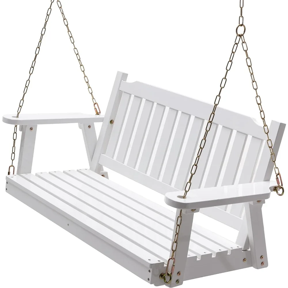 Wooden Porch Swing 2-Seater, Bench Swing with Hanging Chains, Heavy Duty 800 LBS, for Outdoor Patio Garden Yard,4 Ft,White