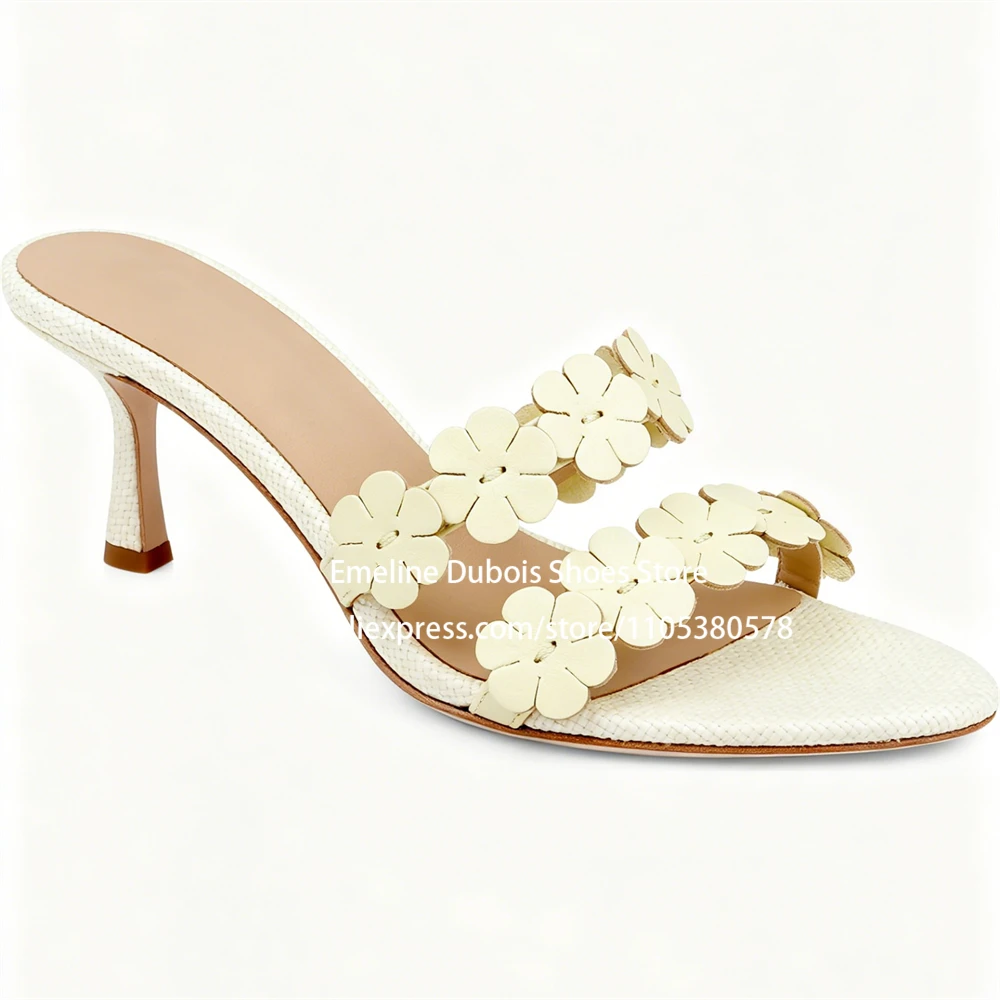 

Creamy Yellow 3D Floral Applique Kitten Heel Sandals Open Toe Slip on Mid Heel Sandals Summer Party Wedding Shoes for Women