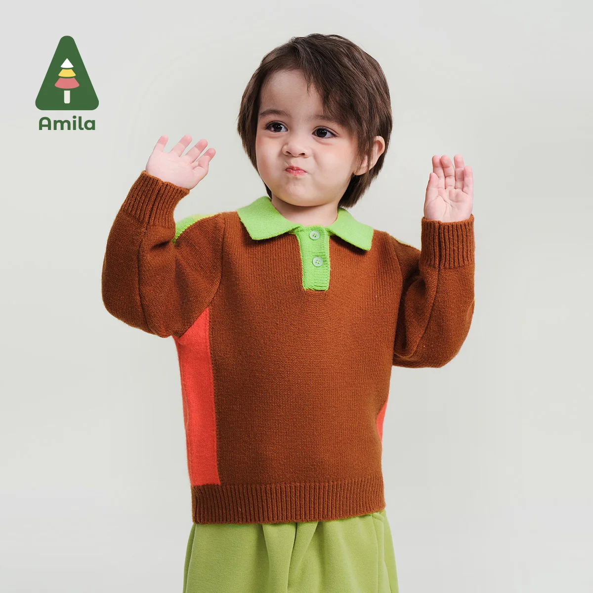 Amila Baby Sweater 2024 Winter New High-Quality Boys And Girls Lapel Contrasting Color Warm Skin-Friendly Loose Children‘s Tops