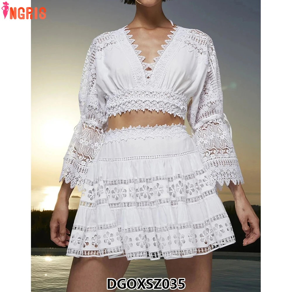 

Custom-made women's solid v-neck embroidered lace top, hollow splicing pleated skirt suit-DGOXSZ035