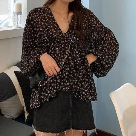 Korean Style Ins Loose-Fit Slimming V-Neck Vintage Floral Long Sleeve Chiffon Top Women's Autumn Collection Elegant Slim Fit Top