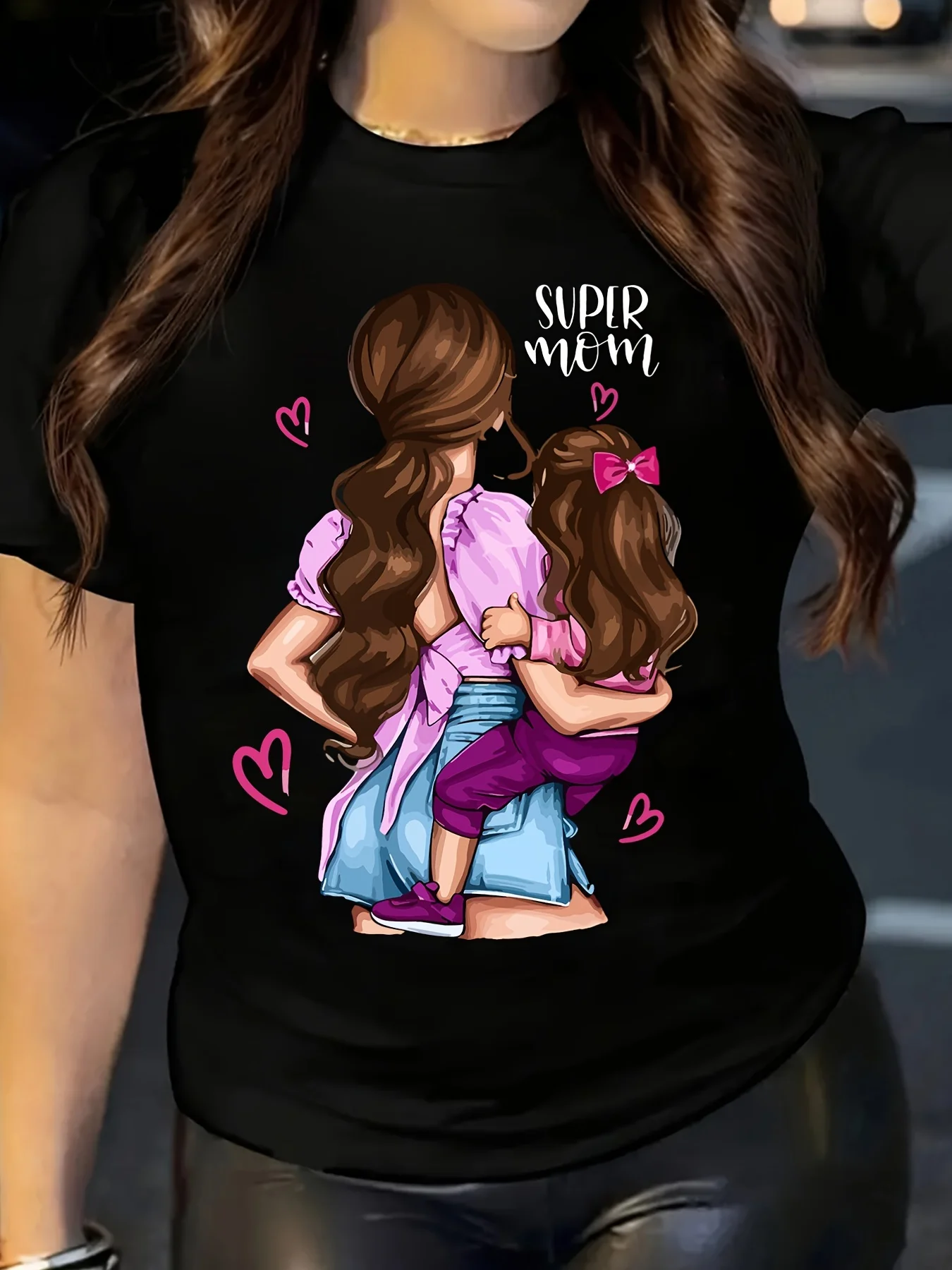 フィギュアプリントクルーネックTシャツ 春夏カジュアル半袖トップス レディース