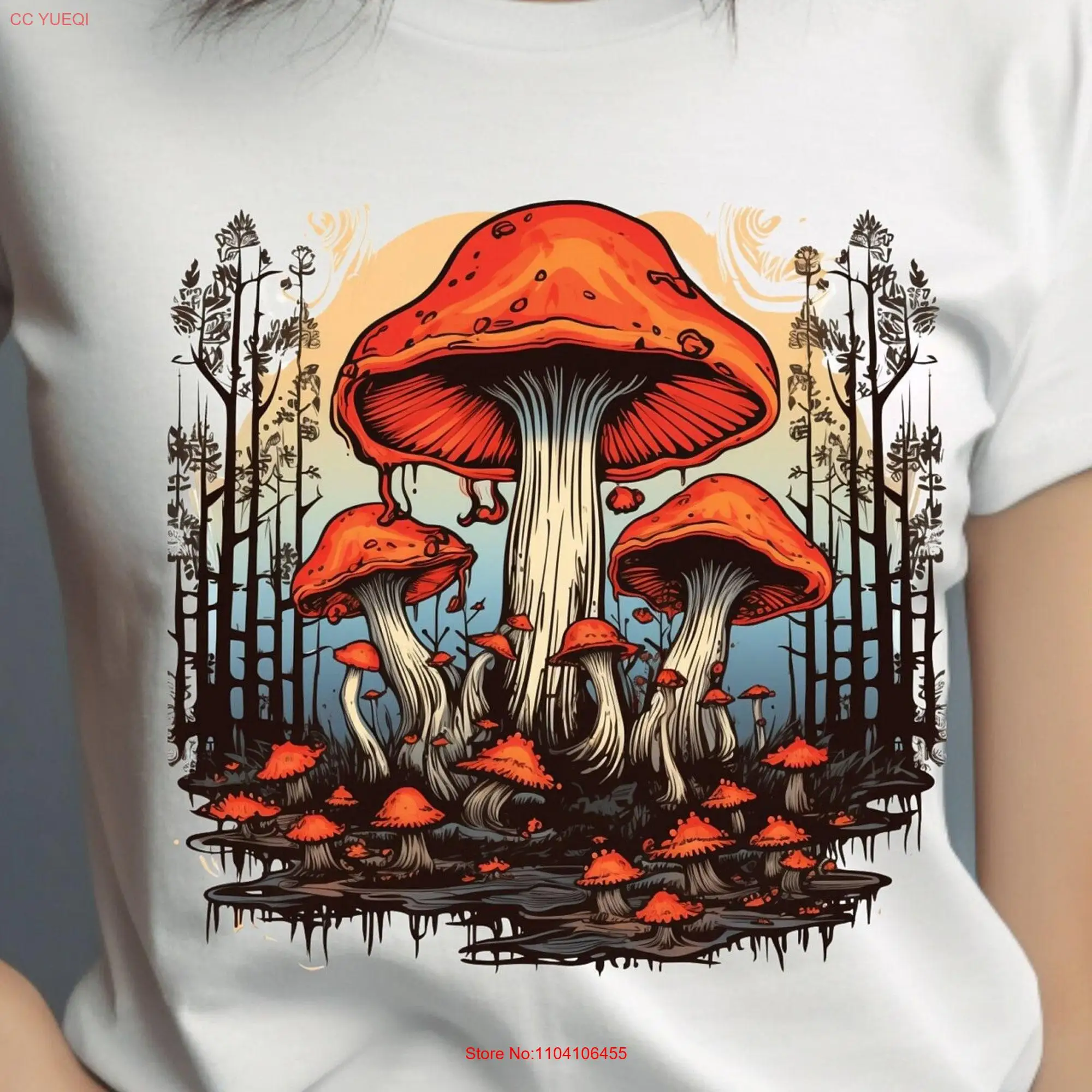 

Trippy Mushroom T Shirt Forest Trees Landscape Psychedelic Dripping Mushrooms Hippy Cottage Core Gothic