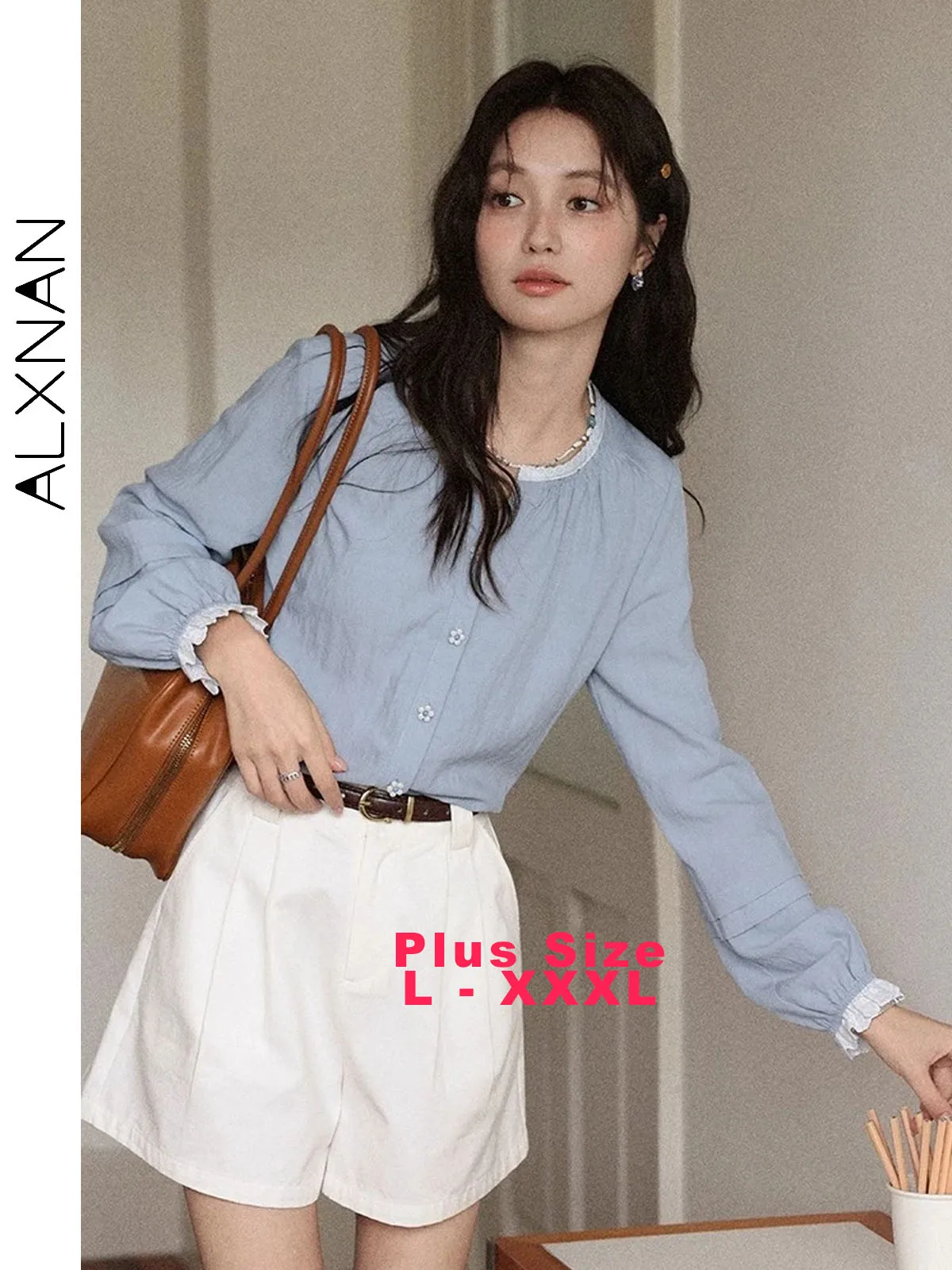 

ALXNAN Plus Size Blue Shirt Long Sleeve Chic Flower Buttons Women's Blouses Autumn Casual O-neck Loose-fit Elegant Tops D12532