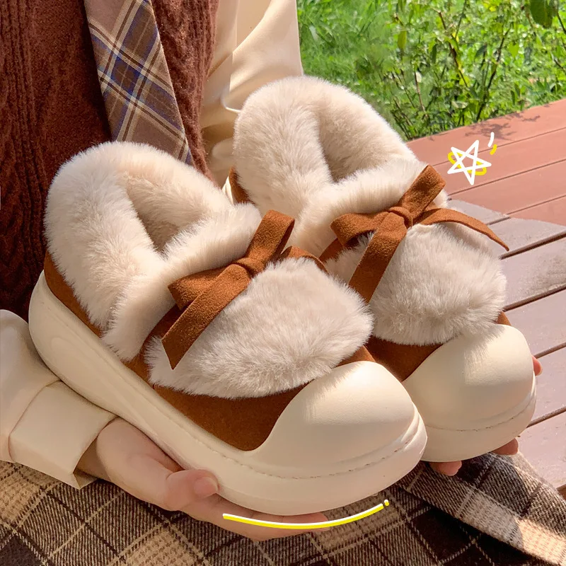 Cotton Slippers For Women Autumn And Winter Cute Bow Thick Sole Cotton Shoes For Warmth Casual Bag And Plush Casual Shoes