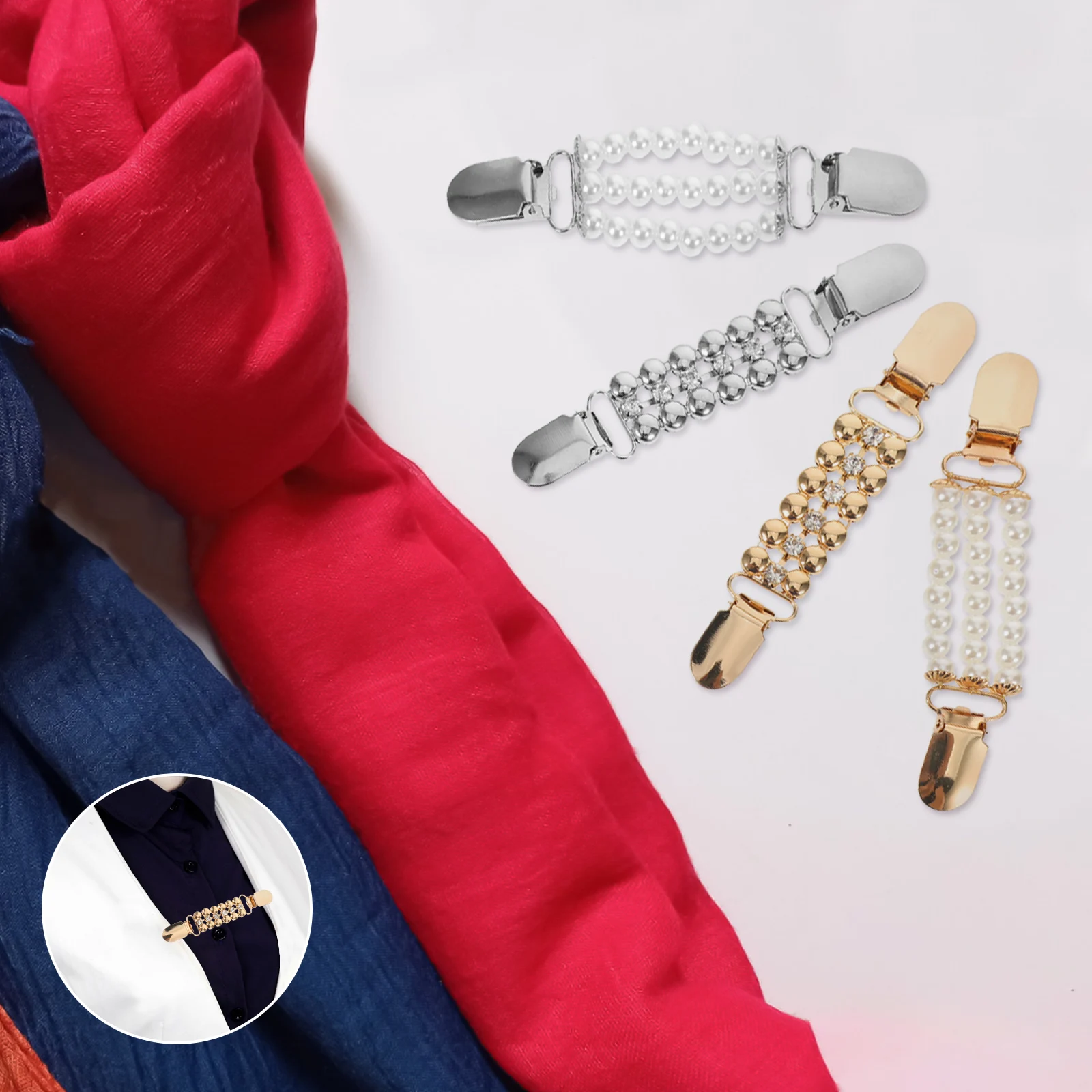 

4Pcs Vintage Rhinestone Pearl Sweater Shawl Clips Scarf Decoration Cardigan Brooch Collar Chain for Women Scarf Decoration Clip