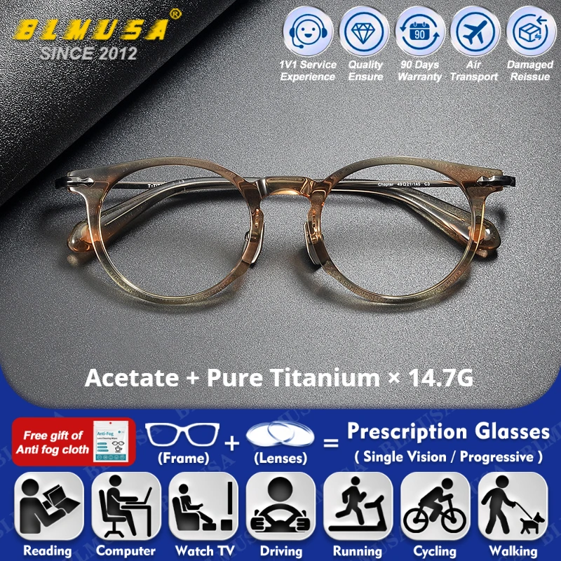 

BLMUSA (S) Retro Acetate Pure Titanium Round Optical Glasses Frame Men Women Anti Blue Ray Myopia Hyperopia Progressive Eyeware