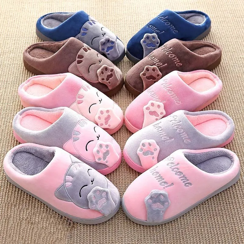 Men and Women Winter Home Slippers Cartoon Cat Home Shoes Non-slip Soft Winter Warm Slippers Indoor Bedroom Couple Floor Shoes