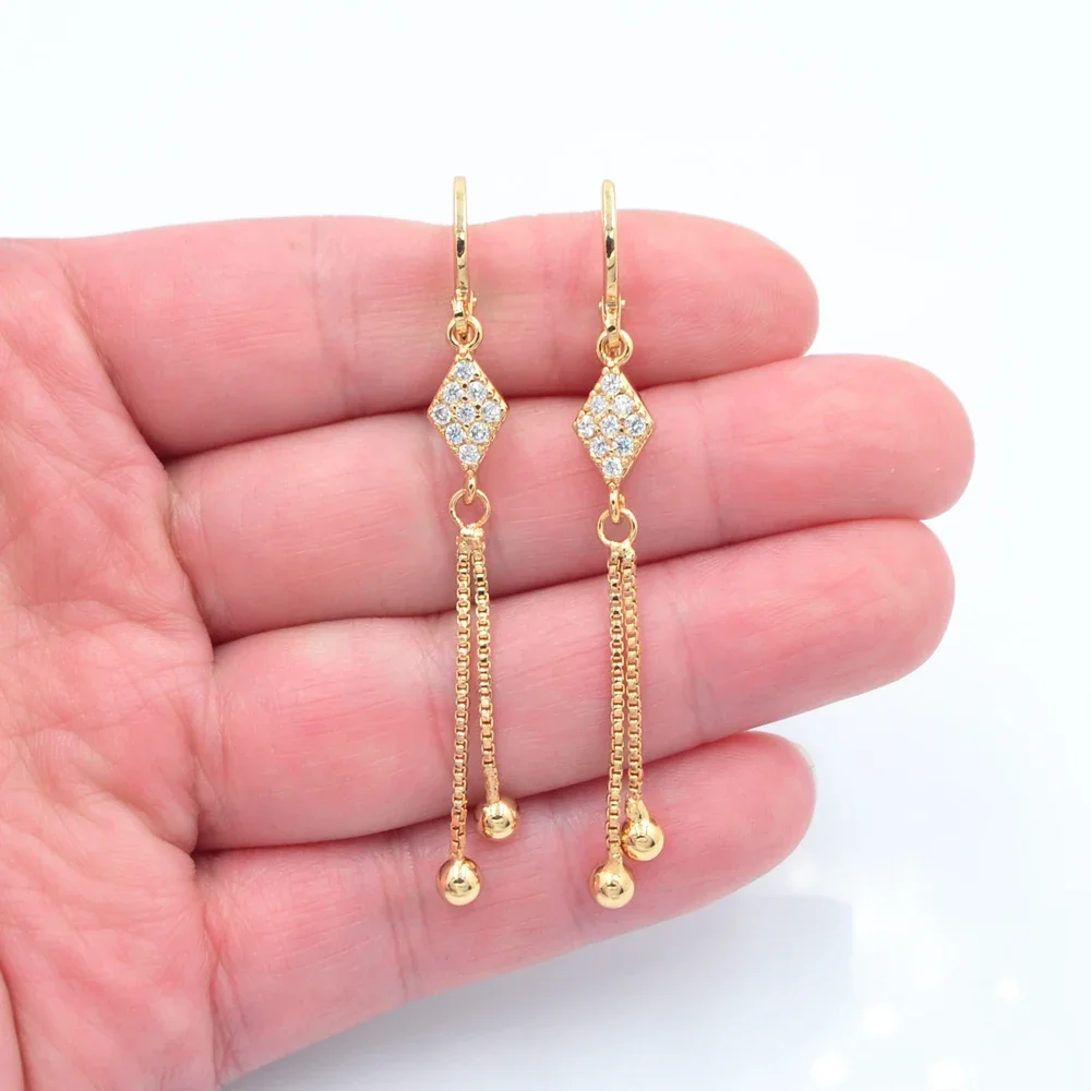 Women Gold Color Clear CZ Cubic Zirconia Fashion Lozenge Tassel Earrings Jewelry