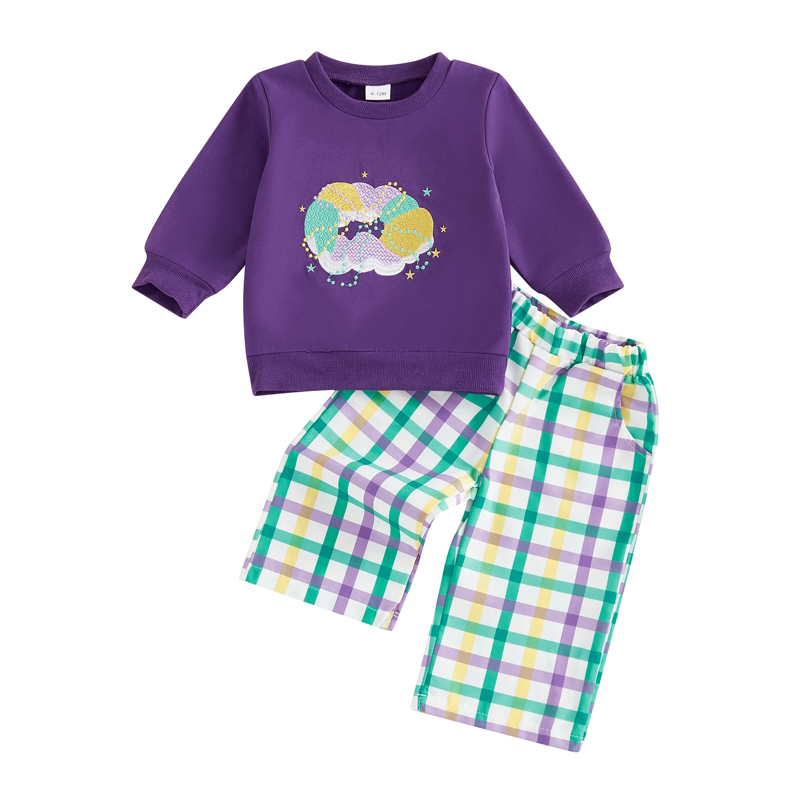 

Одежда для малышей Mardi Gras, пуловер с длинными рукавами и круглым вырезом с вышивкой, клетчатые штаны с эластичной резинкой на талии, комплект из 2 предметов