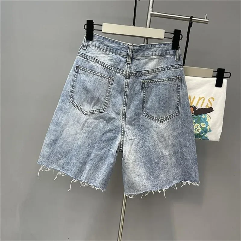 2023 Summer Nail bead 3D three-dimensional flower Denim Shorts Women European High Waist Washed Pants Stretchy Jeans Hot pants