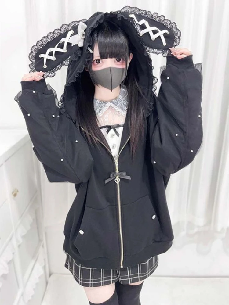 

Japanese Subculture Sweet Hooded Coats Women Y2k Kawaii Fashion Lace Patchwork Jackets Long Sleeve Casual Harajuku Hoodies New
