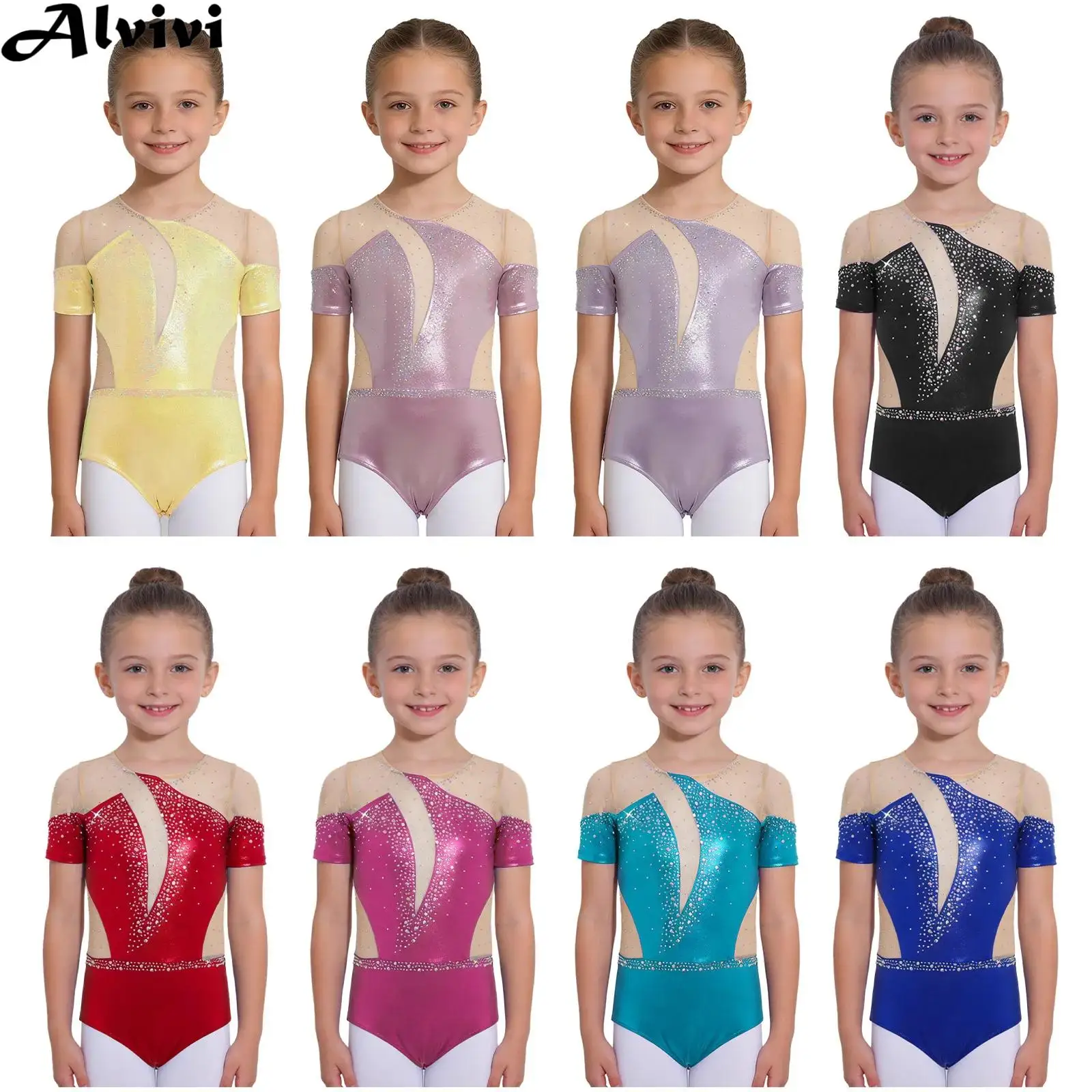 Children Girls Figure Skating Gymnastics Leotard Short Sleeve Metallic Rhinestone Mesh Bodysuit for Ballet Dance Acrobatics