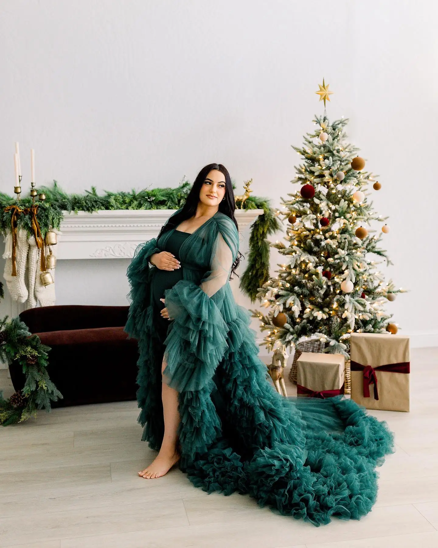 Dark Green Maternity Dresses for Photo Shoot Robe Puffy Mesh Tulle Kimono Pregnant Full Sleeves Custom Made Prom Dress With Belt