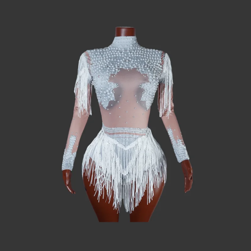 Sparkly Rhinestones Sequins Tassel Bodysuit for Women Sexy Performance Dance Costume Singer Bar Dancer Stage Birthday Drag Queen