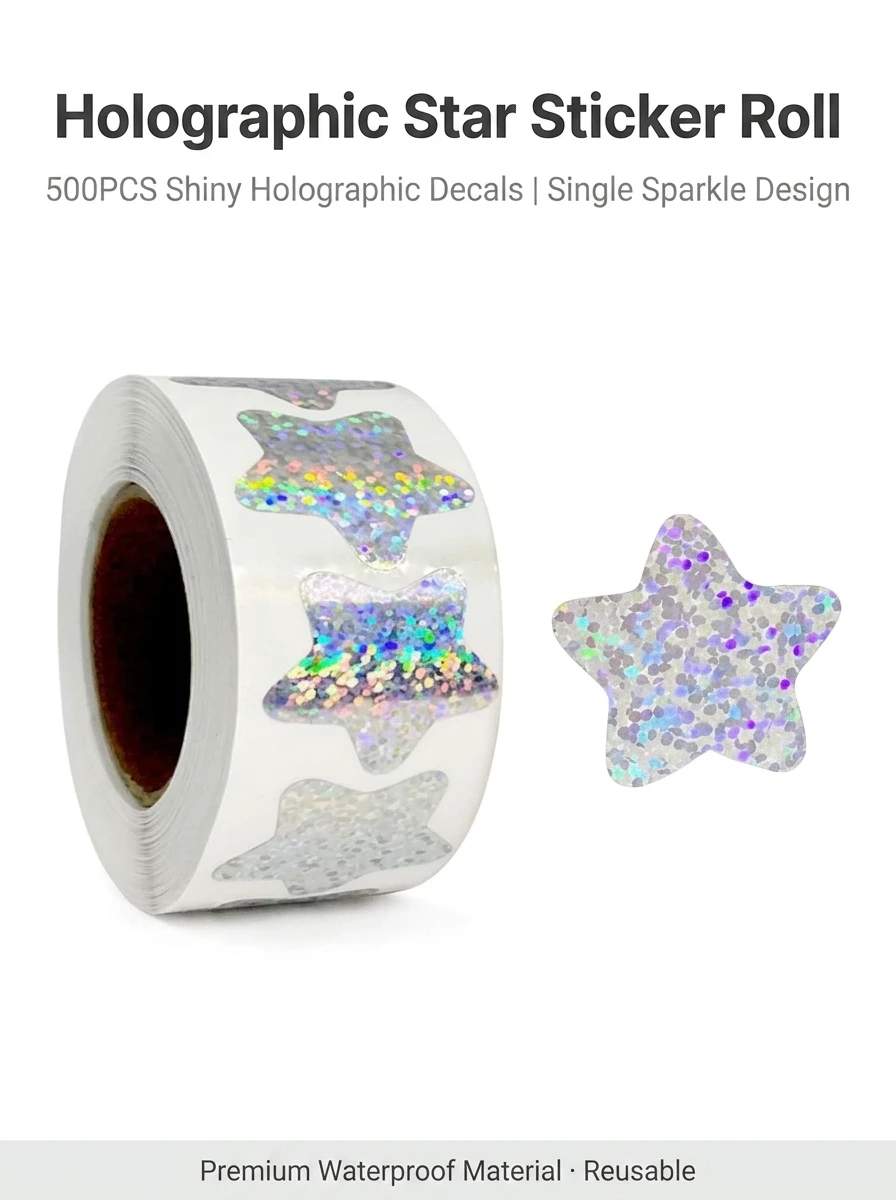 500Pcs/Roll Sparkly Laser Star Heart Round Stickers 1.0in/2.5cm Diy Daily Schedule Prefect for Learning Rewards Sealing Decor