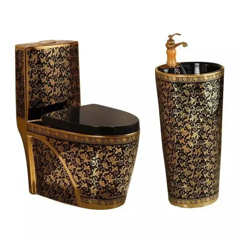 

Fancy Gold Plated Wc Ceramic Toilet and Sink Set Bathroom De Inodoro Seramica Toilet Bowl Set