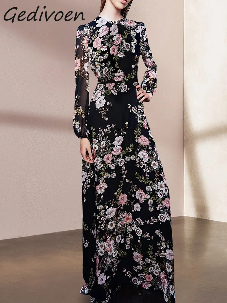 

Gedivoen Summer Fashion Designer Vintage Floral Print Dress Women's O-neck Lantern Long Sleeve High Waist Slim A-LINE Long Dress