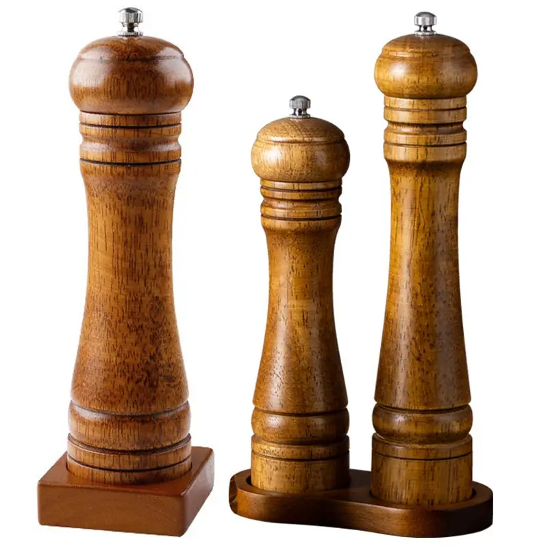 Juegos de molinillo de pimienta de madera de roble Manual de 5/8/10 pulgadas, molinillo de sal y pimienta, cocinadores de pimienta y especias, con Base, herramientas de molinos de sal